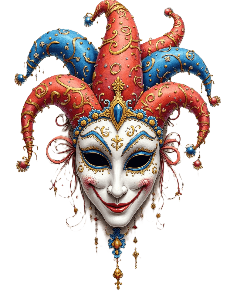 Venetian Masks Coloring Book cover — ornate Venetian jester mask in full color