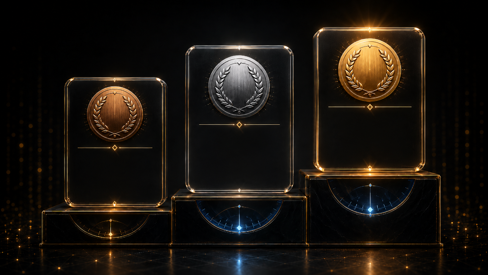 Glass podiums representing bronze, silver, and gold review tiers