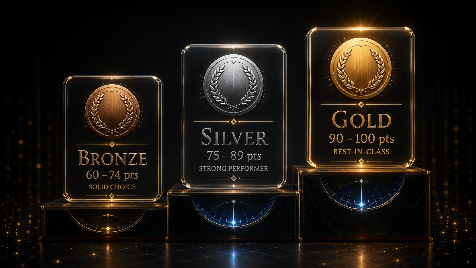 Bronze 60–74 pts Solid Choice · Silver 75–89 pts Strong Performer · Gold 90–100 pts Best-in-Class