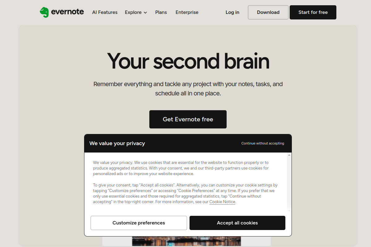 Evernote homepage