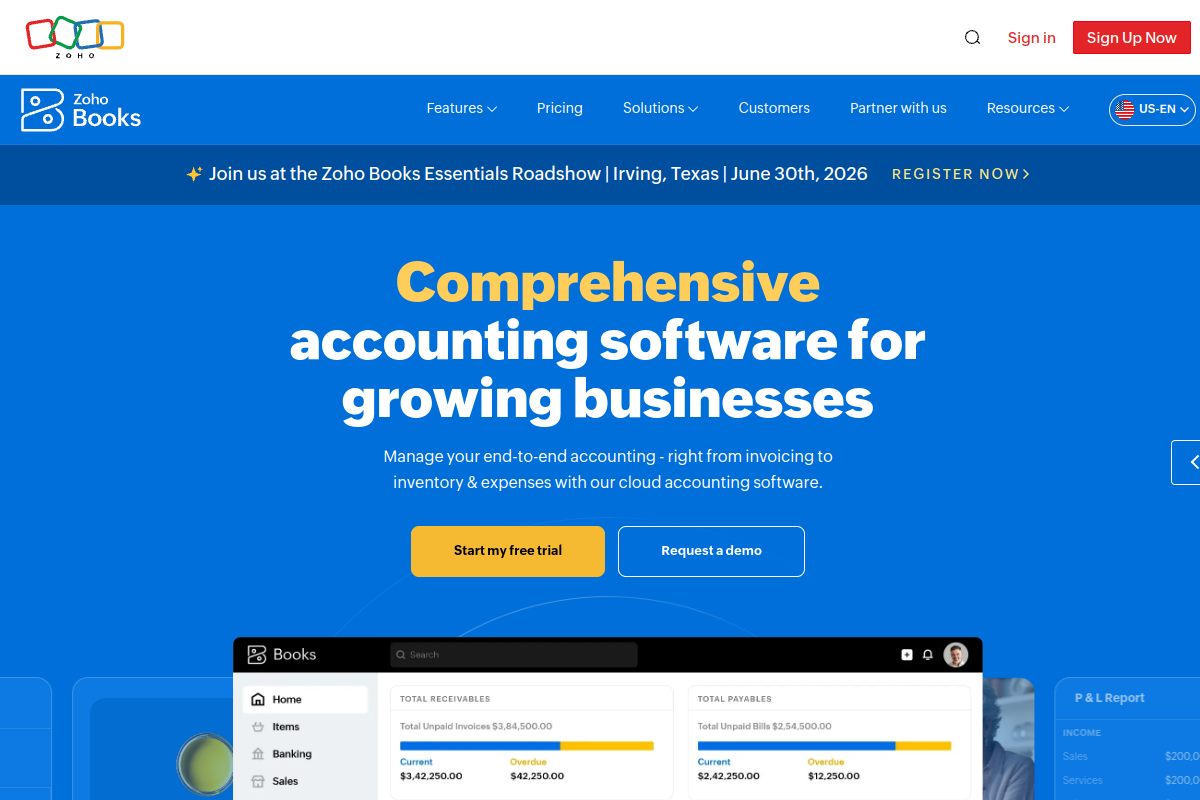 Zoho Books homepage